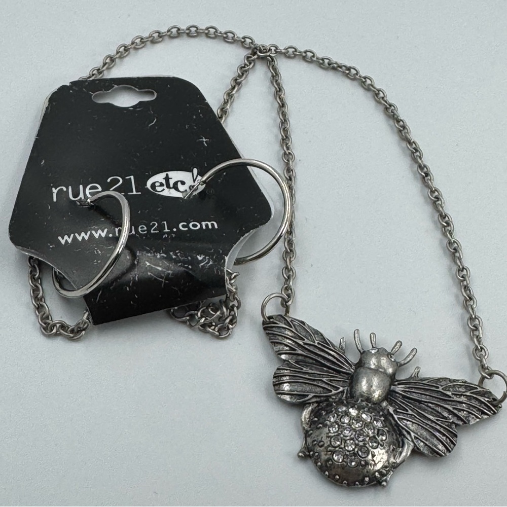 Rue21 Rhinestone Studded Bee Necklace and Hoop Earrings Silver Tone New